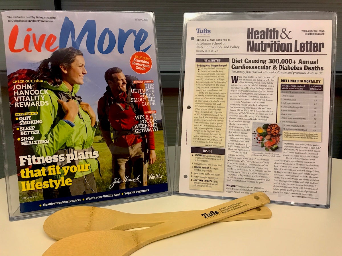 The covers of the John Hancock Vitality magazine and the Tufts Health and Nutrition Letter on a display table